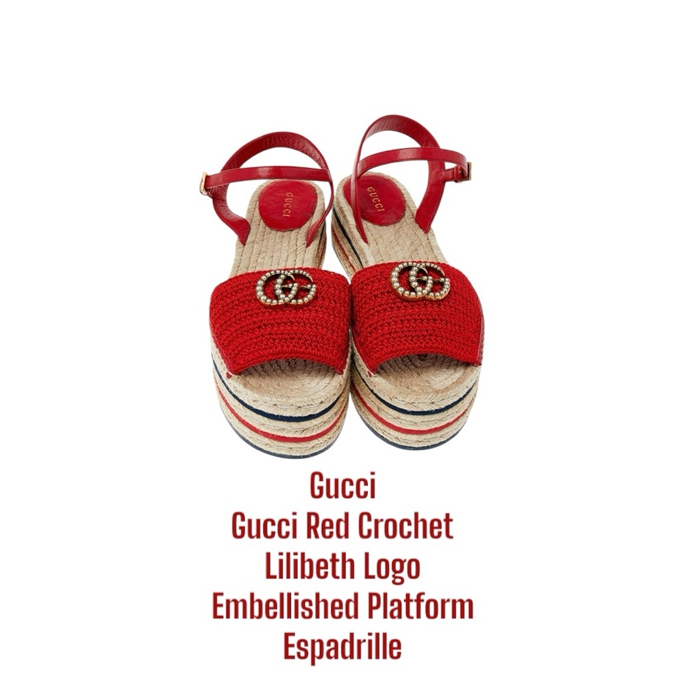 Gucci Red Crochet Lilibeth Logo Embellished Platform Espadrille sz 39/8US